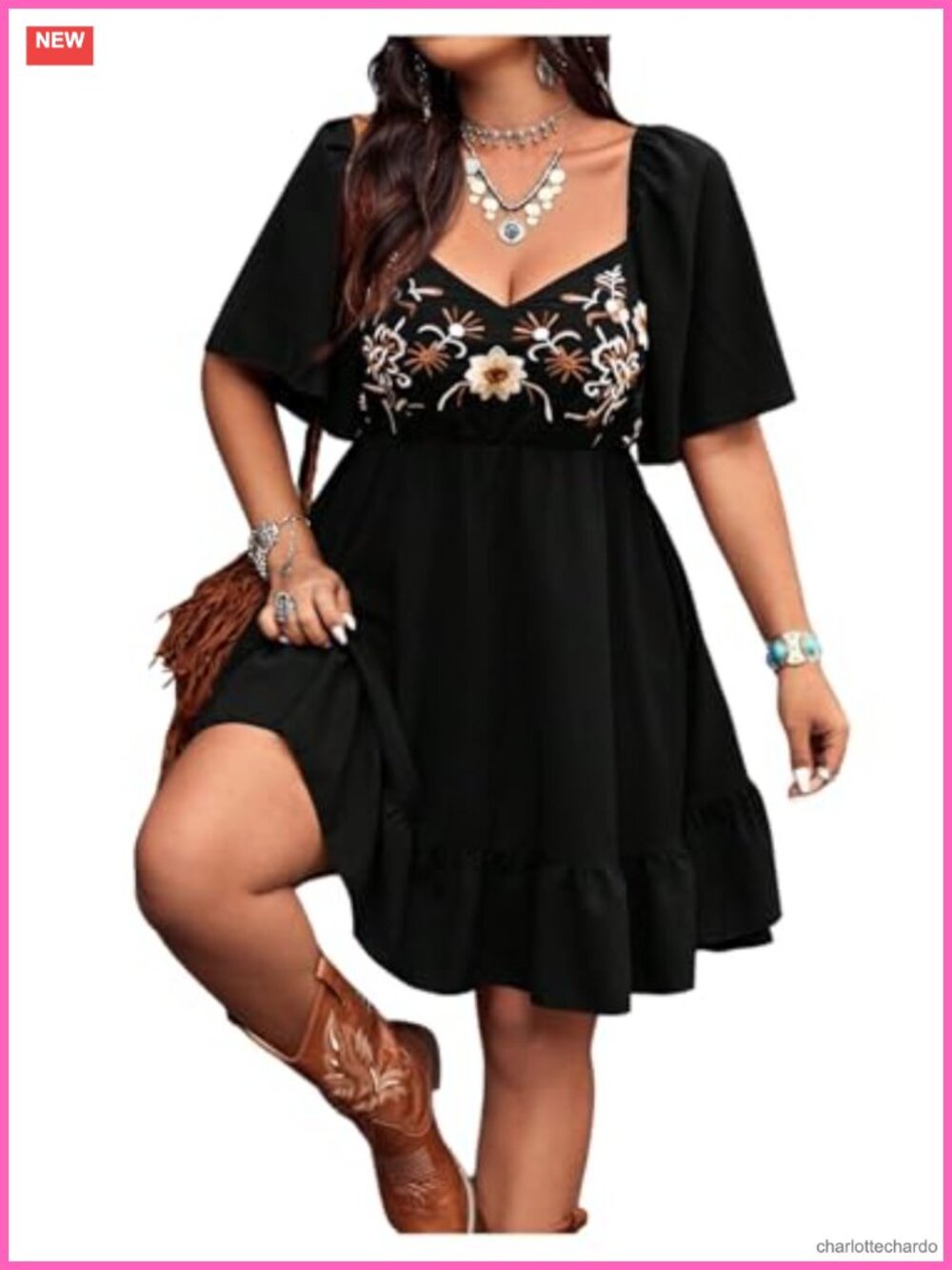Western Boho Floral Embroidered A-Line Dress Ruffle Hem Cowgirl Concert